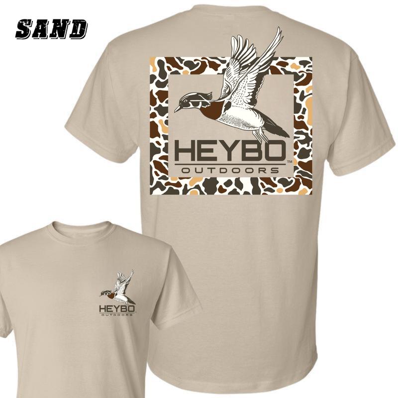 Heybo Outdoors T-Shirt - Featuring A Flying Duck And Camo Pattern Design , Premium Outdoor-Themed Apparel , Casual Wear For Men And Women , Perfect For Hunting Trips And Everyday Comfort Menswear Crewneck Top Classic Unisex Streetwear