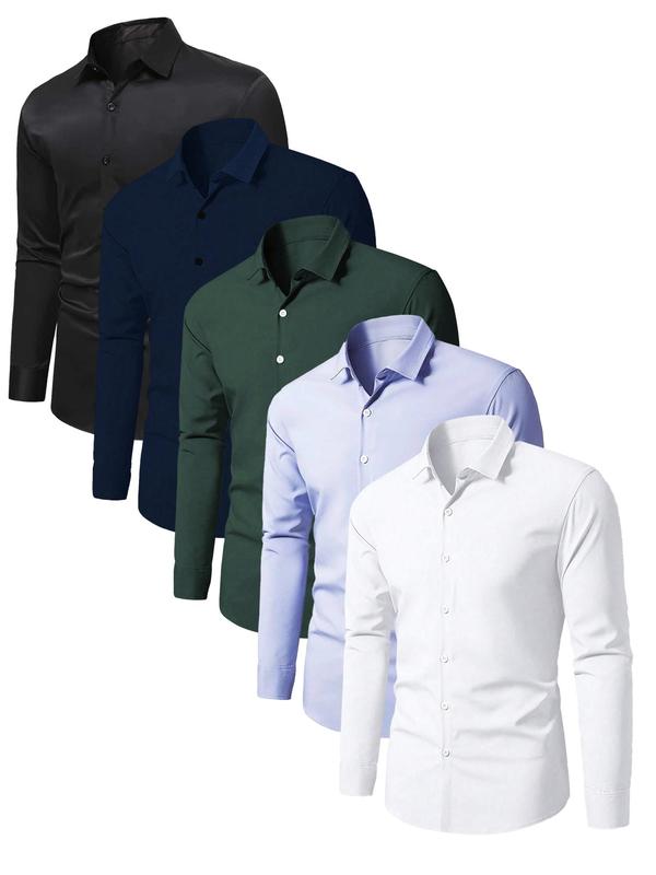 Men's Solid Long Sleeve Button Front Shirt, Business Formal Shirt for Work Office, Menswear for All Seasons Top