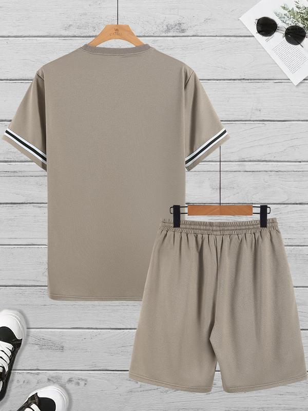 Two-piece Set Men's Contrast Binding Tee & Drawstring Waist Shorts Set, Casual Short Sleeve Round Neck T-shirt & Pocket Track Shorts,  Full Sets Men Outfit, Summer Outfits Clothes Set for Men