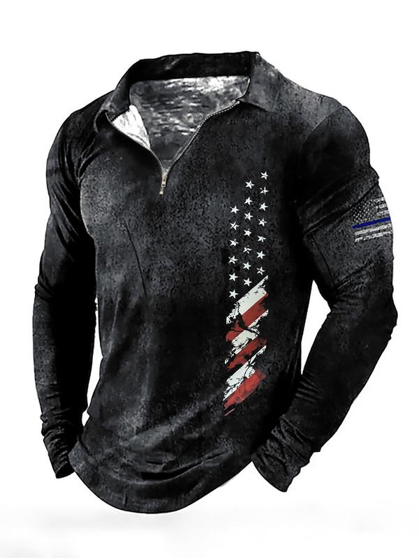 Men's American Flag Print Zipper Polo Shirt, Regular Fit Casual Long Sleeve Collared Top for All Seasons, Fashion Men's Clothes for Daily Wear