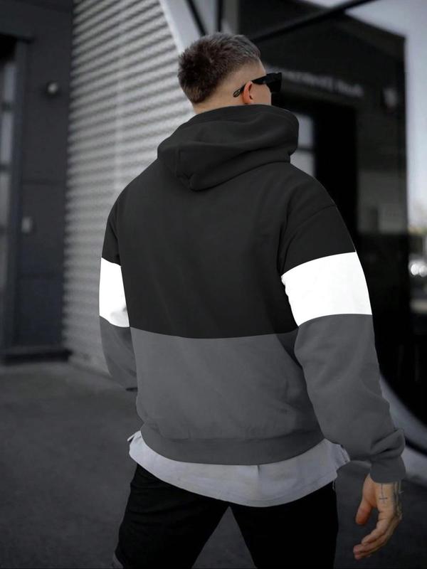 Men's Colorblock Letter Print Drop Shoulder Hoodie, Fashion Casual Regular Fit Pocket Drawstring Hooded Sweatshirt for Daily Holiday Outdoor Wear, Men Clothes for All Seasons