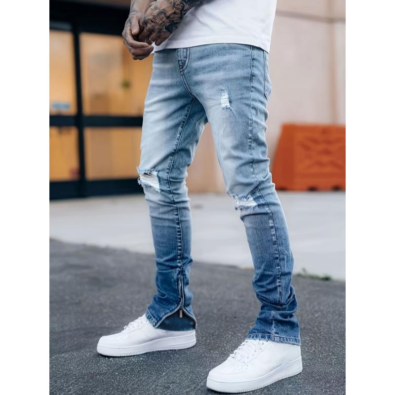 Mens Fashionable Slim Fit Ripped Jeans - Stylish Distressed Detail, Stretch Denim Comfort, Casual Street Style Pants for Everyday Wear