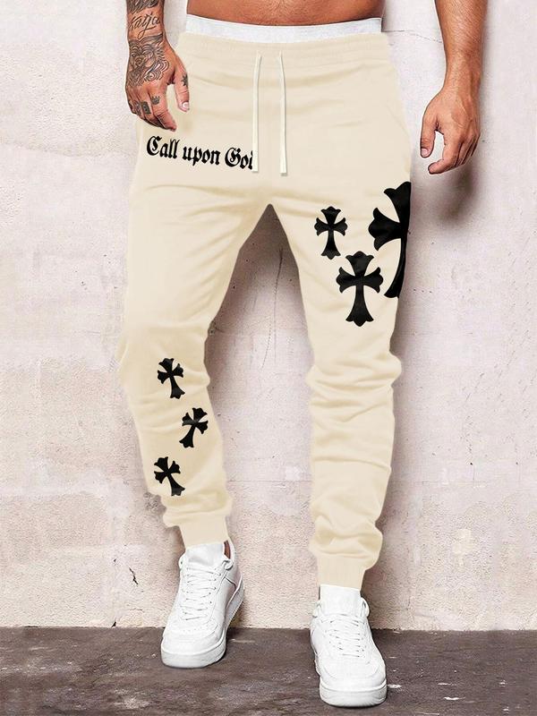 Men's Letter & Cross Print Drawstring Waist Sweatpants, Casual Street Pocket Elastic Waist Jogger Pants for Daily Wear, Mens Bottoms for All Seasons