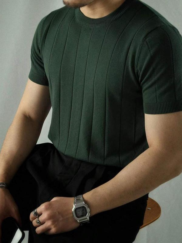 Men's Solid Round Neck Knit Top, Regular Fit Casual Fashion Short Sleeve Knitwear for Summer, Men's Knit Clothing for Daily Wear