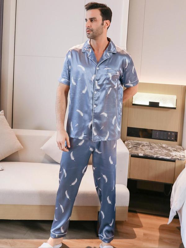 Three-Piece Set Men's All Over Print Button Front Pyjamas Set, Casual Pocket Shirt & Elastic Waist Pants & Contrast Binding Shorts, Men's Sleepwear Set for Summer