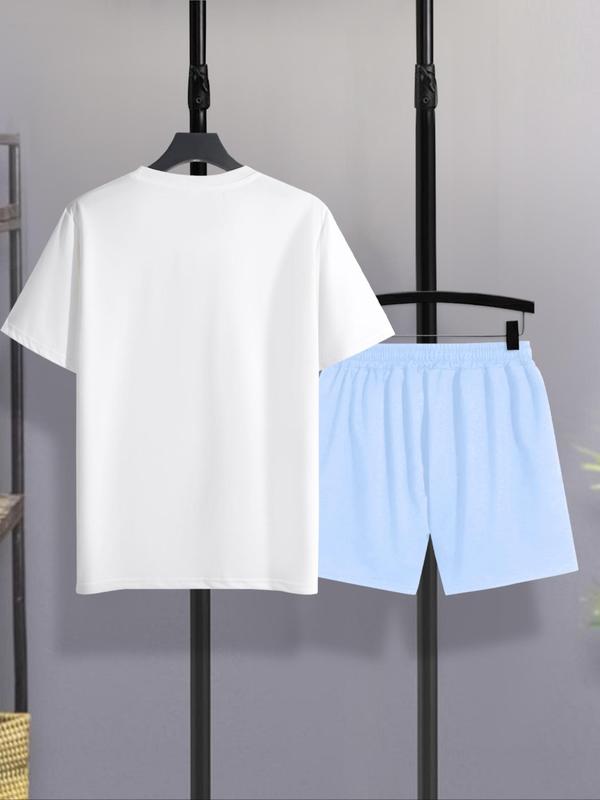 Two-Piece Set Men's Cartoon Duck & Letter Print Tee & Drawstring Pocket Shorts Set, Casual Fashion Cozy Breathable Two-piece Outfits, Men's Clothes for Summer