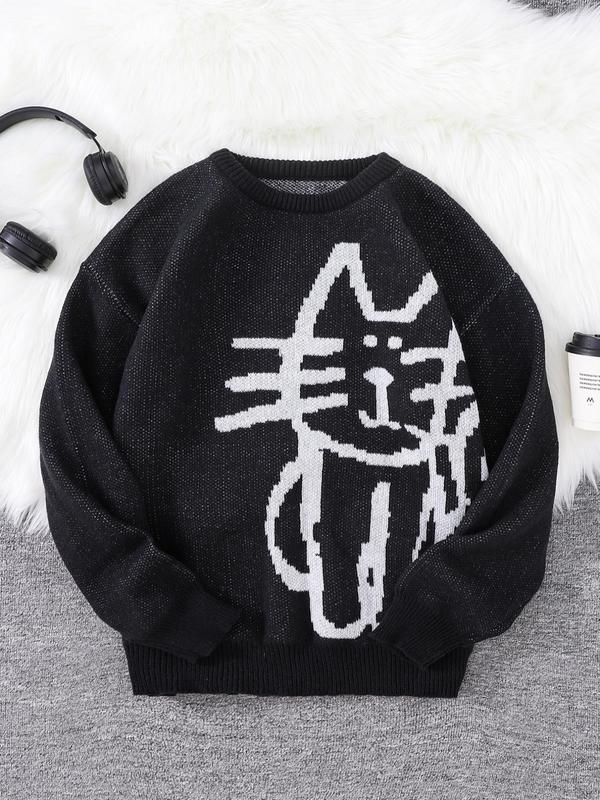 Men's Cartoon Cat Print Drop Shoulder Sweater, Casual Long Sleeve Round Neck Jumper for Fall & Winter, Fall Sweaters, Fashion Men's Knitwear for Daily Wear