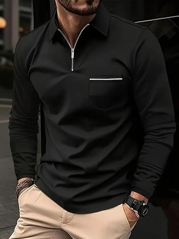 Men's Solid Pocket Zipper Polo Shirt, Regular Fit Casual Long Sleeve Collared Top for Spring & Fall, Fashion Men's Clothes for Daily Wear