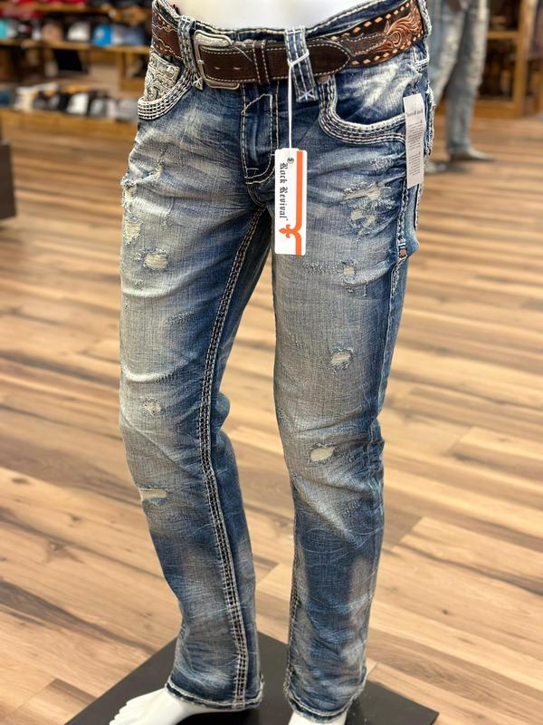 Rock Revival Men's Distressed Denim Jeans Flared Blue, Women's Biker Jeans, Y2K Jeans, Comfortable Jeans For Men, Denim Jeans For Men