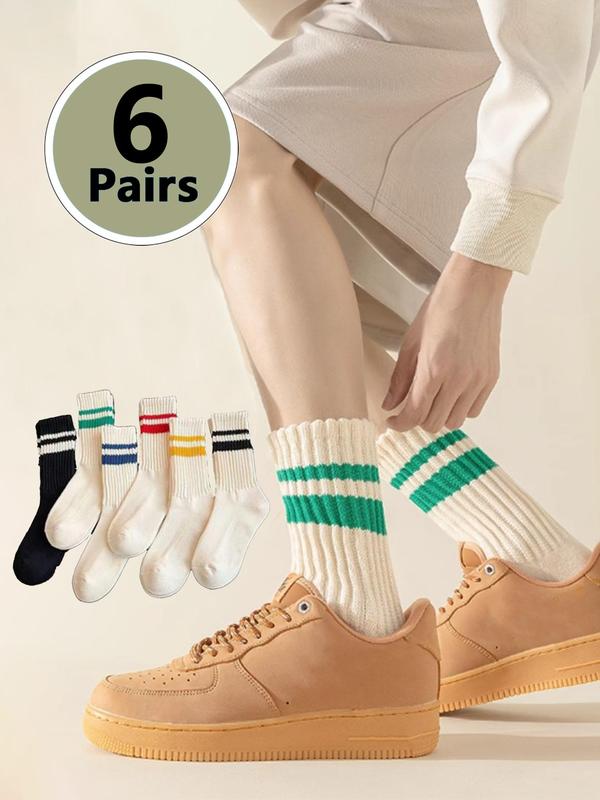 Men's 6 Pairs Striped Print Crew Socks, Casual Comfortable Breathable Socks for Daily Wear, Knit Socks for All Seasons