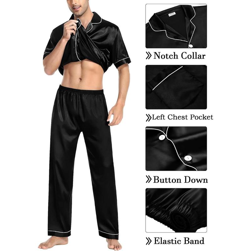 Mens Satin Pajama Sets Short Sleeve Button Down 2countS Silky Sleepwear Loungewear Set with Pockets