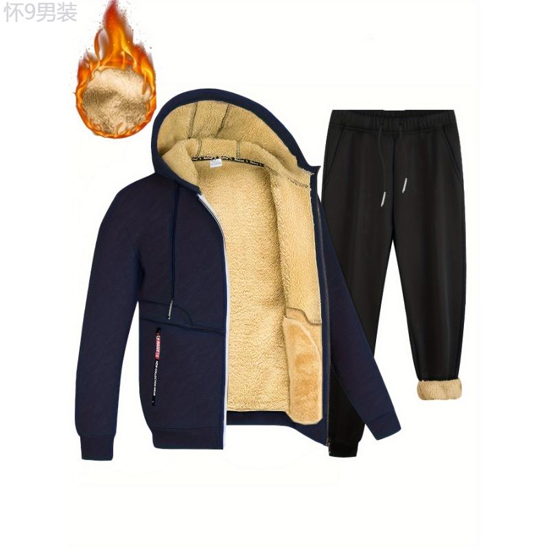 2pcs Fleece Lined Thermal Men's Warm Sets, Hooded Zip-up Jacket And Pants Sets For Casual Winter And Fall Outfit Clothing Fabric