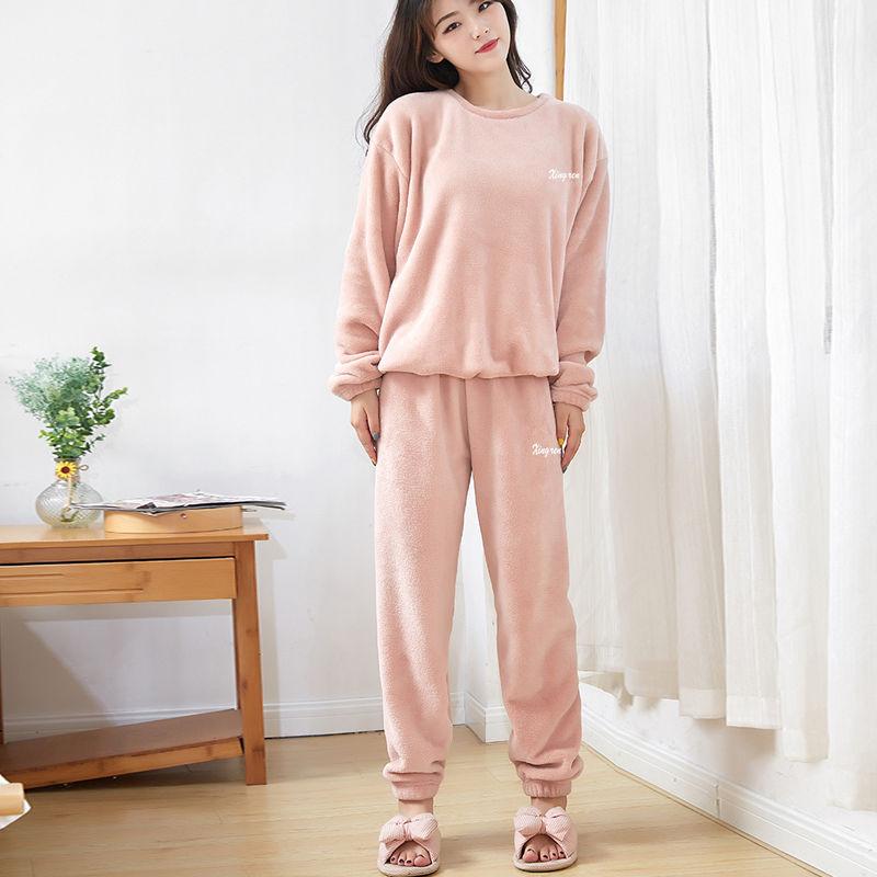 Couple Pajamas for Men Fleece Winter Sleepwear Korean Sleeping Night Wear Solid Pijama 2 Pcs Pants Sets Warm O-neck Home Suit