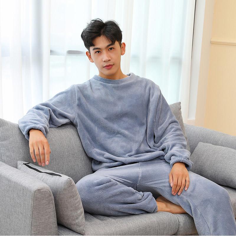 Couple Pajamas for Men Fleece Winter Sleepwear Korean Sleeping Night Wear Solid Pijama 2 Pcs Pants Sets Warm O-neck Home Suit