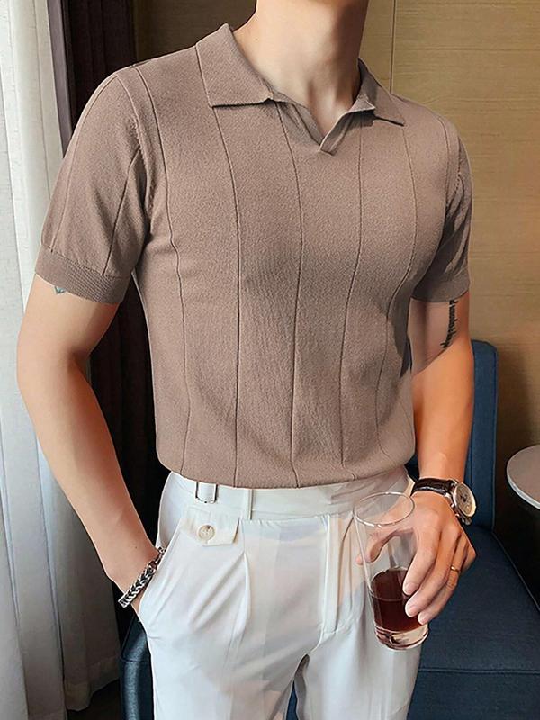 Men's Solid Thin Knit Top, Summer Clothes, Streetwear Short Sleeve Knitted Polo Shirt, Summer Casual Tops, Black T-shirt for Men, Classic Fit Men's Clothing for Business Casual Daily Wear