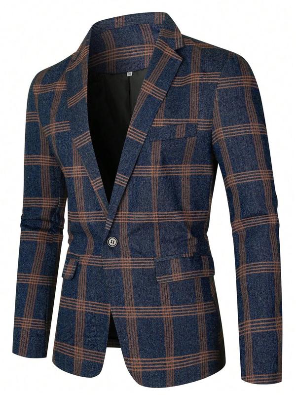 Men's Plaid Print Button Front Blazer, Work Clothes for Office, Regular Fit Long Sleeve Lapel Neckline Suit Jacket for Business Formal Occasions, Fashion Men's Clothing for Fall & Winter