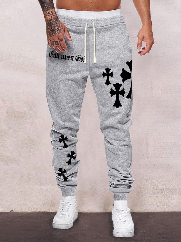 Men's Letter & Cross Print Drawstring Waist Sweatpants, Casual Street Pocket Elastic Waist Jogger Pants for Daily Wear, Mens Bottoms for All Seasons