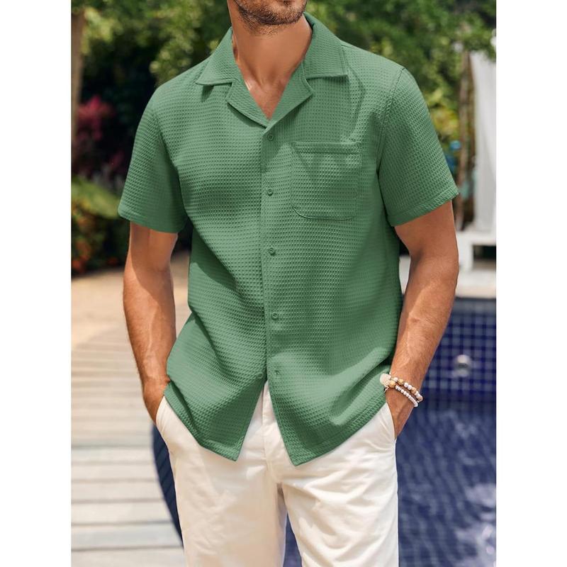 Runcati summer outfits 2024  Mens Waffle Button Down Shirt Short Sleeve Loose Fit Cuban Summer Beach Plain Tops