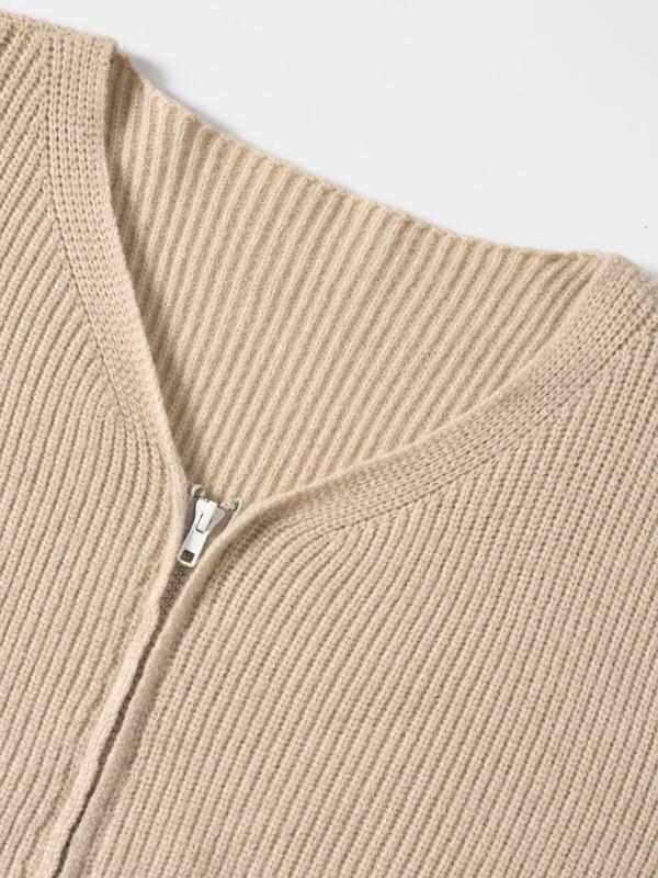 Unisex Solid Drop Shoulder Pocket Zipper Cardigan, Casual Long Sleeve V Neck Jumper for All Seasons, Fashion Men's Knitwear for Daily Wear