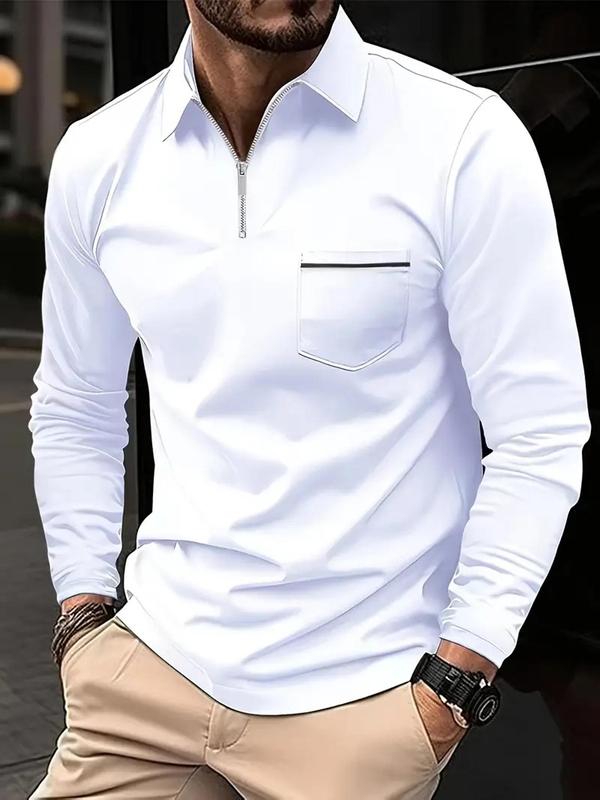 Men's Solid Pocket Zipper Polo Shirt, Regular Fit Casual Long Sleeve Collared Top for Spring & Fall, Fashion Men's Clothes for Daily Wear