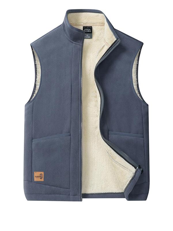 Men's Solid Patched Zip Up Plush Lined Vest Jacket, Regular Fit Casual Stand Collar Sleeveless Outerwear for Fall & Winter, Men's Clothes for Daily Wear