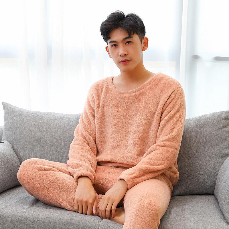 Couple Pajamas for Men Fleece Winter Sleepwear Korean Sleeping Night Wear Solid Pijama 2 Pcs Pants Sets Warm O-neck Home Suit