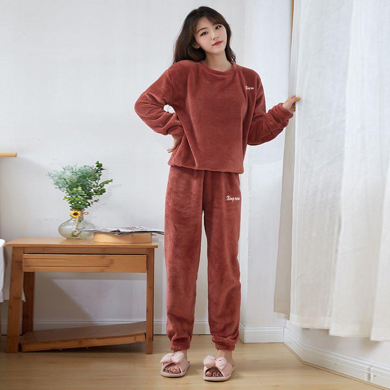 Couple Pajamas for Men Fleece Winter Sleepwear Korean Sleeping Night Wear Solid Pijama 2 Pcs Pants Sets Warm O-neck Home Suit