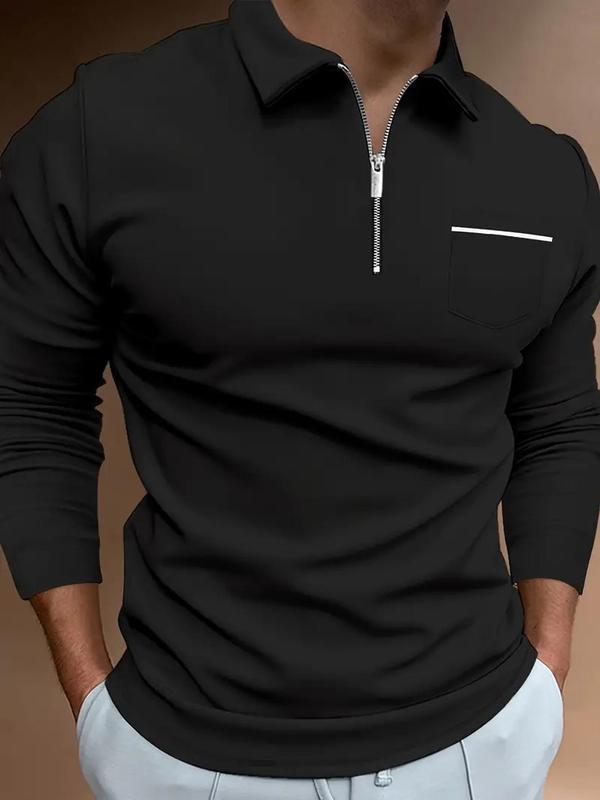 Men's Solid Pocket Zipper Polo Shirt, Regular Fit Casual Long Sleeve Collared Top for Spring & Fall, Fashion Men's Clothes for Daily Wear