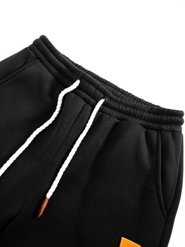 Men's Solid Color Patched Drawstring Waist Sweatpants, Casual Comfy Regular Fit Jogger Pants for Fall & Winter, Men's Trousers for Daily Wear