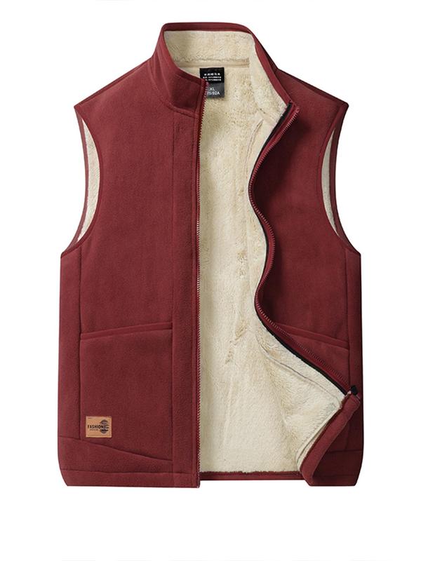 Men's Solid Patched Zip Up Plush Lined Vest Jacket, Regular Fit Casual Stand Collar Sleeveless Outerwear for Fall & Winter, Men's Clothes for Daily Wear