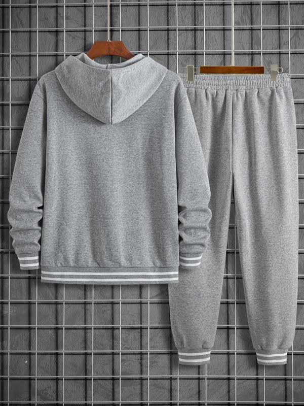 Two-piece Set Men's Letter Graphic Thermal Lined Drop Shoulder Hoodie & Pocket Drawstring Waist Sweatpants, Casual Fashion Cozy Regular Fit Striped Trim Two Piece Outfits for Daily Wear, Men's Sweatsuit Set, Men's Clothes for Fall & Winter