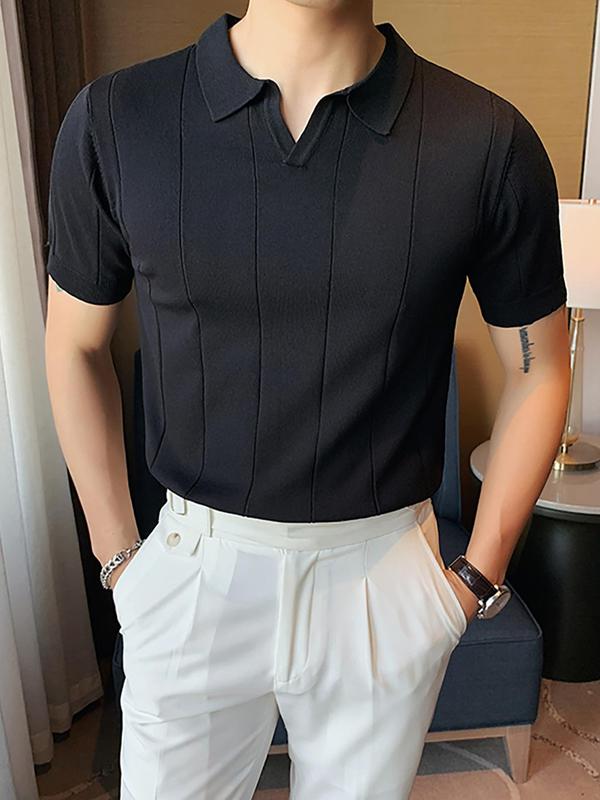 Men's Solid Thin Knit Top, Summer Clothes, Streetwear Short Sleeve Knitted Polo Shirt, Summer Casual Tops, Black T-shirt for Men, Classic Fit Men's Clothing for Business Casual Daily Wear