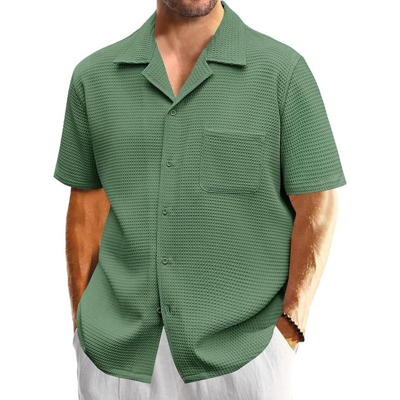 Runcati summer outfits 2024  Mens Waffle Button Down Shirt Short Sleeve Loose Fit Cuban Summer Beach Plain Tops