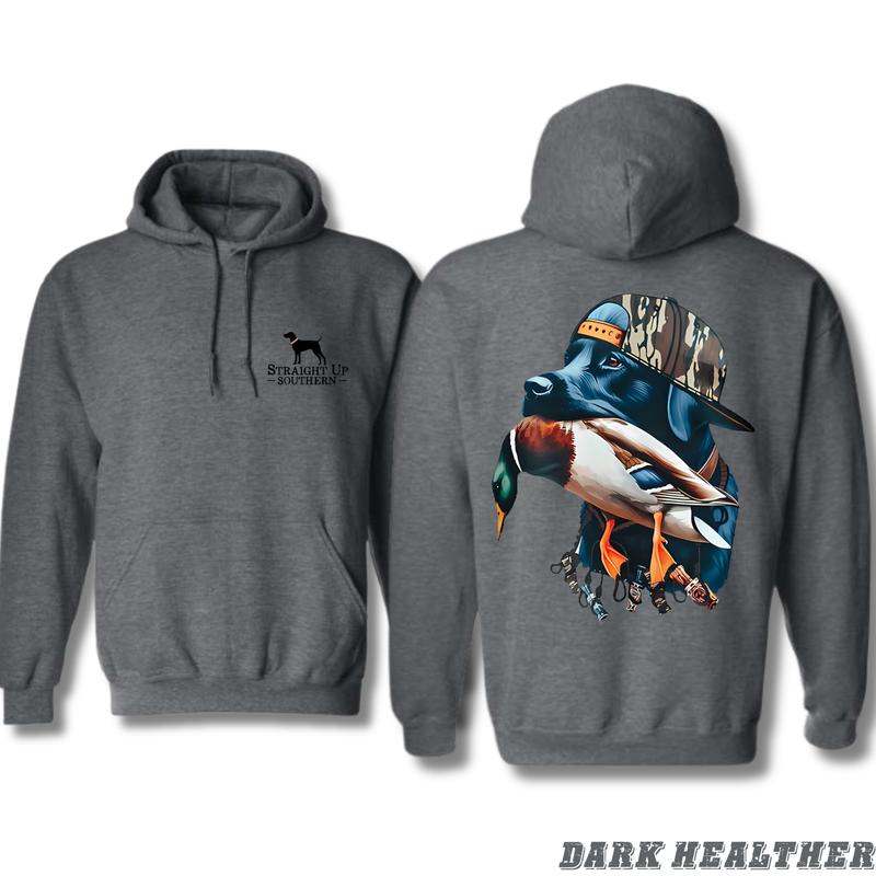 Straight Up Southern Hoodie - Bold Black Hunting Dog with Duck Graphic, Perfect for Outdoorsmen and Waterfowl Hunters, Unisex Hoodie for Adventure and Style Menswear Sweaters