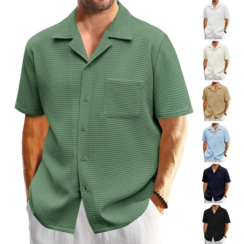 Runcati summer outfits 2024  Mens Waffle Button Down Shirt Short Sleeve Loose Fit Cuban Summer Beach Plain Tops