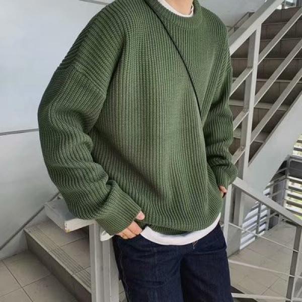 Inner Wear Base Knitwear Solid Color round Neck Sweater Loose All-Matching Thickened Trendy Sweater Men's Coat