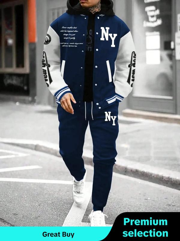 Two-piece Set Men's Colorblock Letter Print Button Front Jacket & Drawstring Waist Sweatpants, Fall Outfits, Regular Fit Casual Long Sleeve Outerwear & Pocket Jogger Pants for Daily Wear, Outfit Sets for Menswear, Men's Clothing for Fall