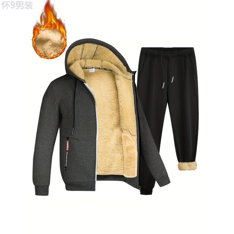 2pcs Fleece Lined Thermal Men's Warm Sets, Hooded Zip-up Jacket And Pants Sets For Casual Winter And Fall Outfit Clothing Fabric