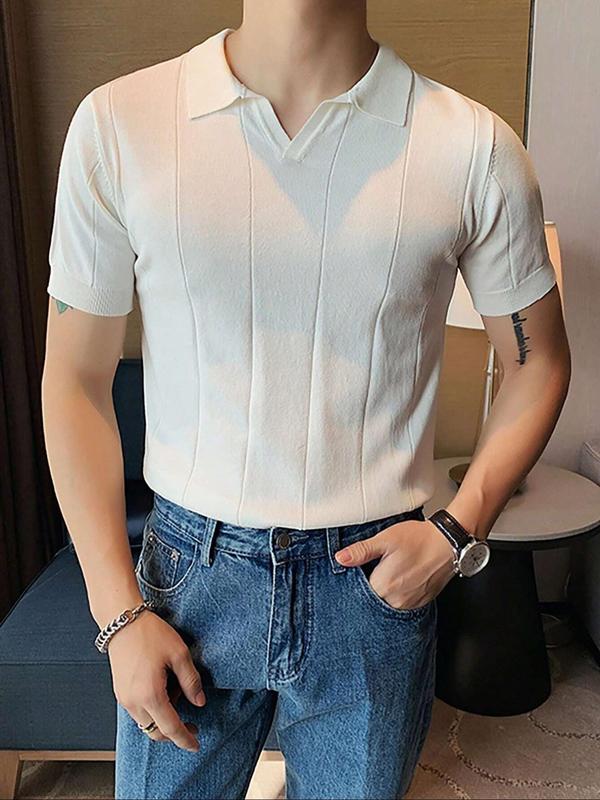 Men's Solid Thin Knit Top, Summer Clothes, Streetwear Short Sleeve Knitted Polo Shirt, Summer Casual Tops, Black T-shirt for Men, Classic Fit Men's Clothing for Business Casual Daily Wear