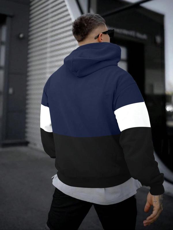 Men's Colorblock Letter Print Drop Shoulder Hoodie, Fashion Casual Regular Fit Pocket Drawstring Hooded Sweatshirt for Daily Holiday Outdoor Wear, Men Clothes for All Seasons