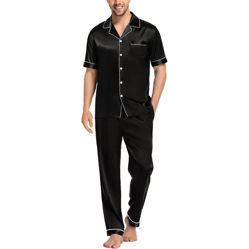 Mens Satin Pajama Sets Short Sleeve Button Down 2countS Silky Sleepwear Loungewear Set with Pockets