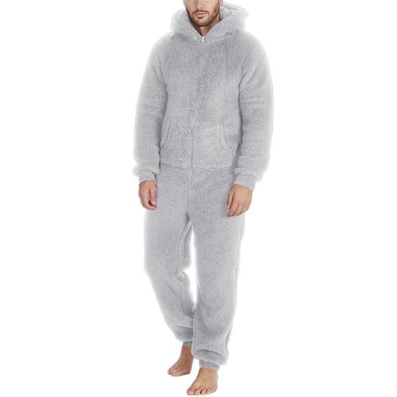 Men s Hooded Pajamas Fleece Solid Color Zipper Front Full Length Jumpsuit Sleepwear for Winter Fall