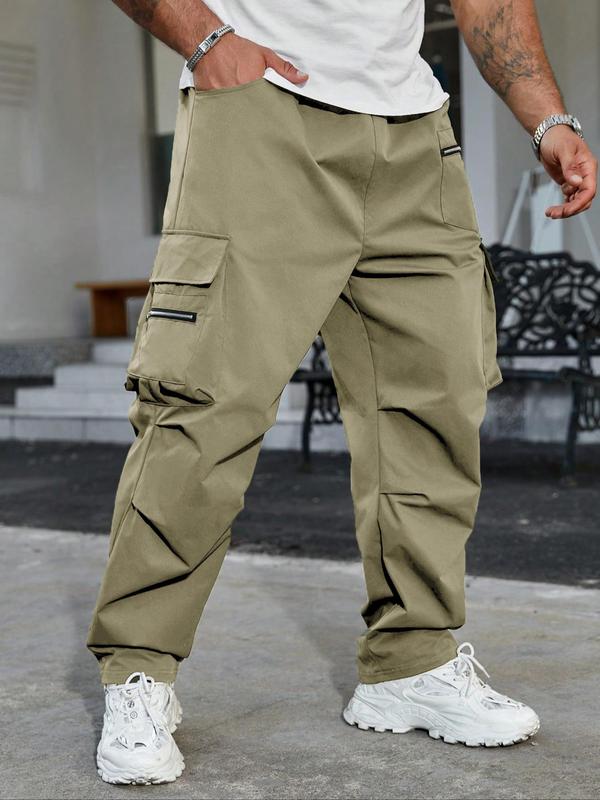  Men's Solid Color Drawstring Waist Cargo Pants, Casual Pocket Zipper Design Trousers for Daily Wear, Fashion Men's Bottoms for All Seasons, 2000s Pants for Men