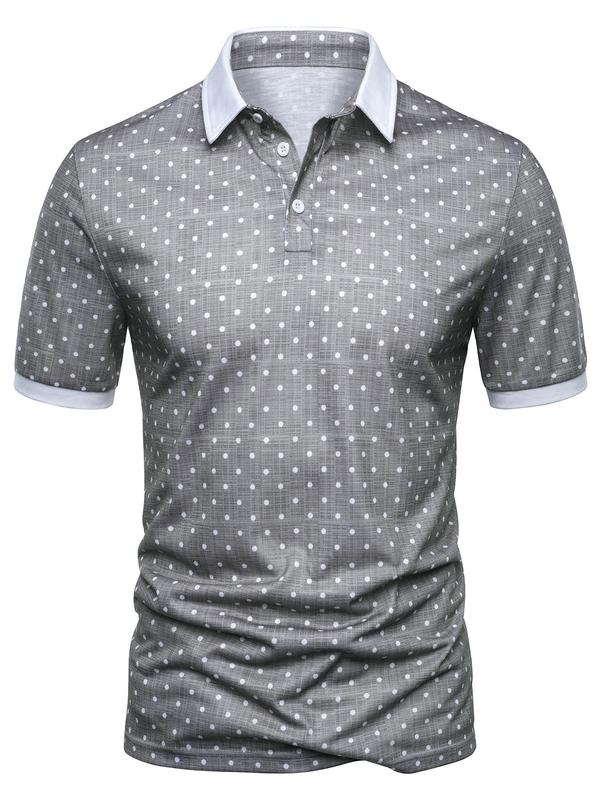 Men's Regular Fit Polka Dot Print Contrast Binding Polo Shirt, Polo Shirts Men, Casual Short Sleeve Button Front Top for Spring & Fall, Fashion Men's Streetwear Clothes for Daily Wear,  Polo Tees,  Polo Clothes