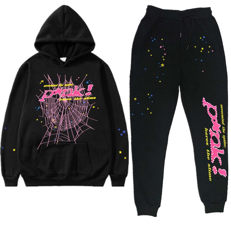 SP5GER Spider Web Sweatshirt 2 Piece Men's and Women's Long Sleeve Hoodie Long Pants Set Hip Hop Letter Print Couple