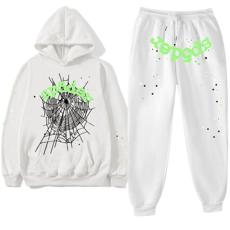 SP5GER Spider Web Sweatshirt 2 Piece Men's and Women's Long Sleeve Hoodie Long Pants Set Hip Hop Letter Print Couple