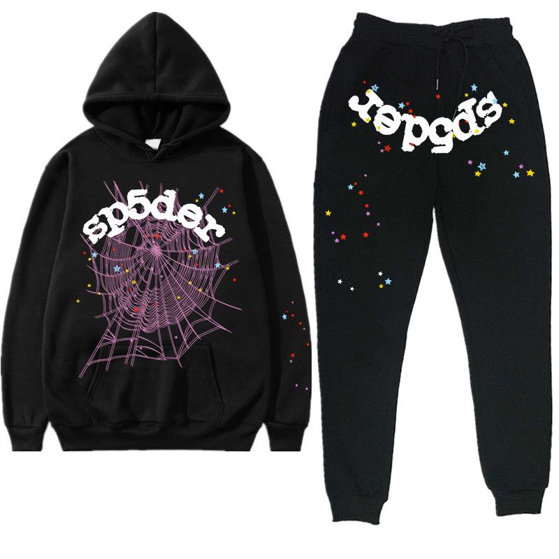 SP5GER Spider Web Sweatshirt 2 Piece Men's and Women's Long Sleeve Hoodie Long Pants Set Hip Hop Letter Print Couple