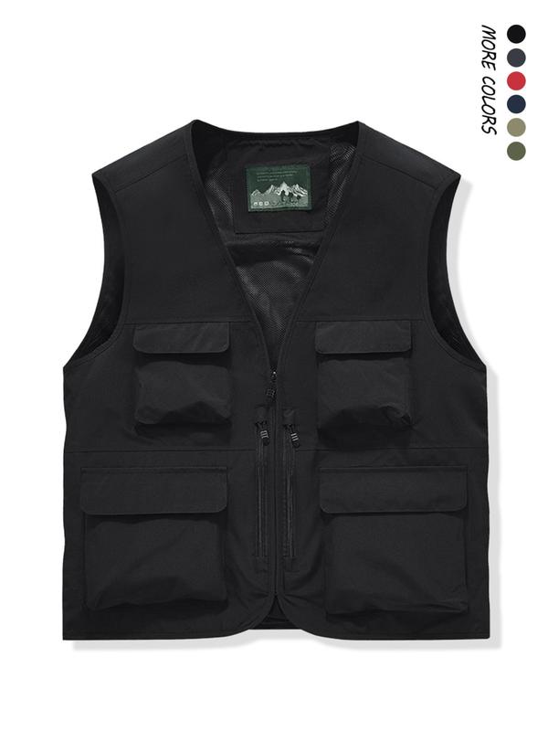 Men's Solid Pocket Zipper V Neck Vest Jacket, Regular Fit Casual Sleeveless Outerwear for Outdoor Fishing, Men's Clothes for All Seasons