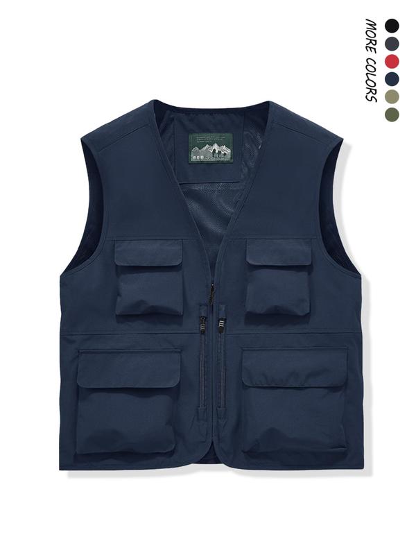 Men's Solid Pocket Zipper V Neck Vest Jacket, Regular Fit Casual Sleeveless Outerwear for Outdoor Fishing, Men's Clothes for All Seasons