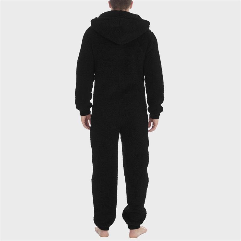 Men s Hooded Pajamas Fleece Solid Color Zipper Front Full Length Jumpsuit Sleepwear for Winter Fall